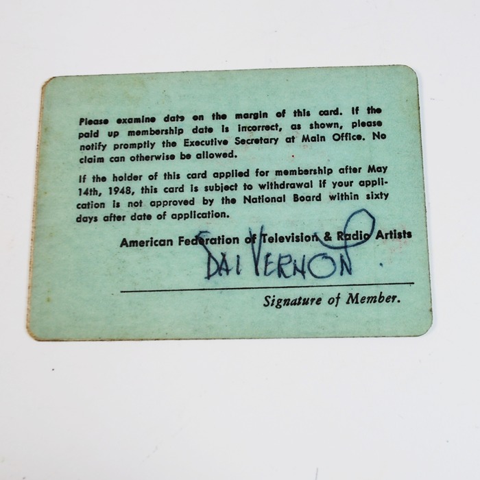 Signed Dai Vernon American Federation of Television and Radio Artists membership card with a SAM Aide-De-Damp Card issued by Ronald Haines - Image 2